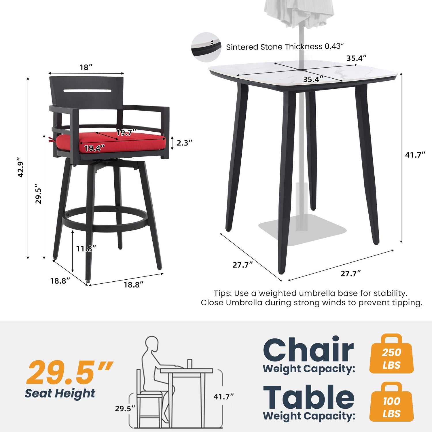 5 Pieces Outdoor Patio Bar Set, Rounded Square Sintered Stone Table &amp; 4 Swivel Bar Chairs