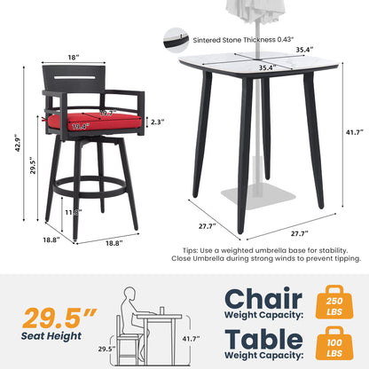 5 Pieces Outdoor Patio Bar Set, Rounded Square Sintered Stone Table &amp; 4 Swivel Bar Chairs