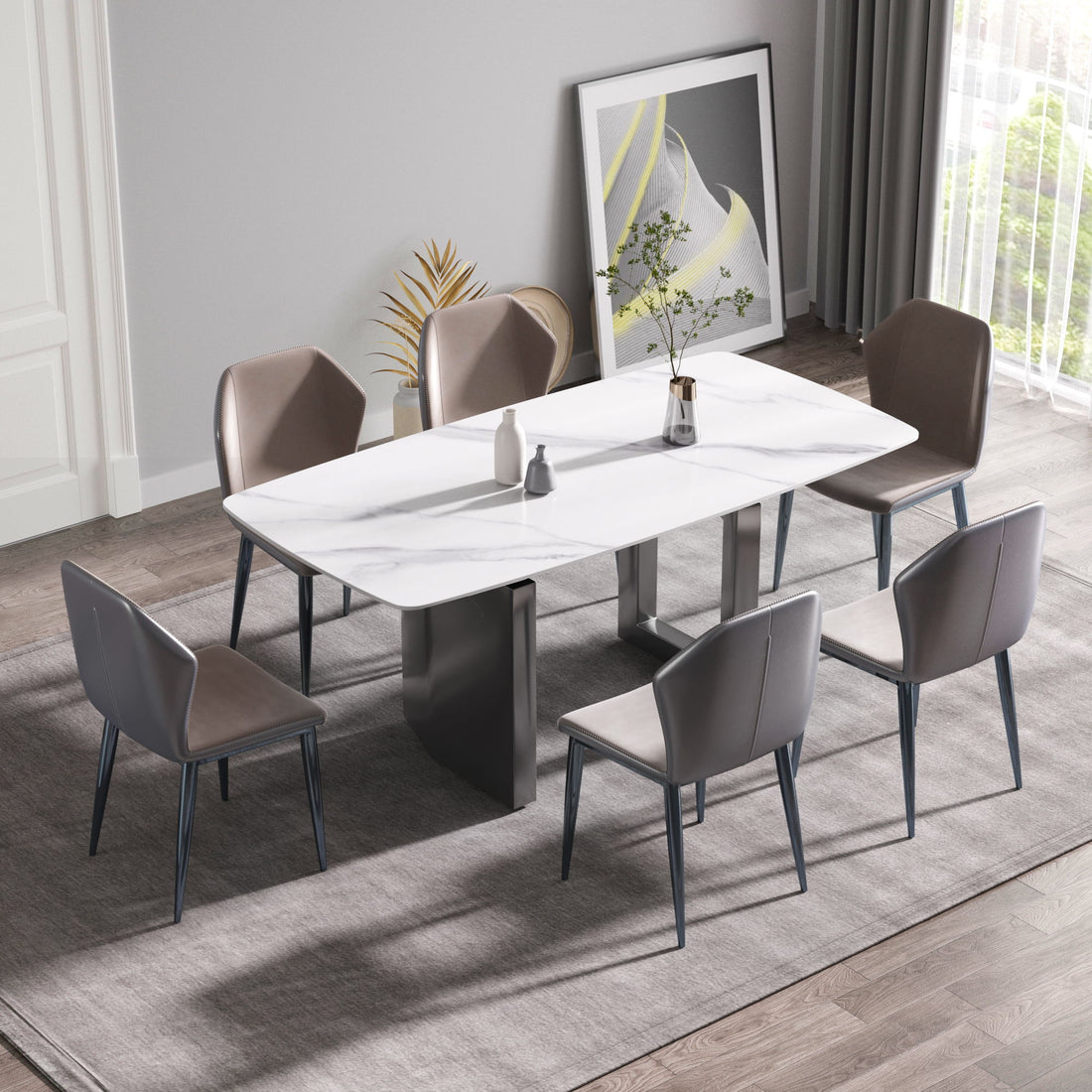 70.87&quot; Modern Artificial Stone White Curved Black Metal Leg Dining Table - White / Black