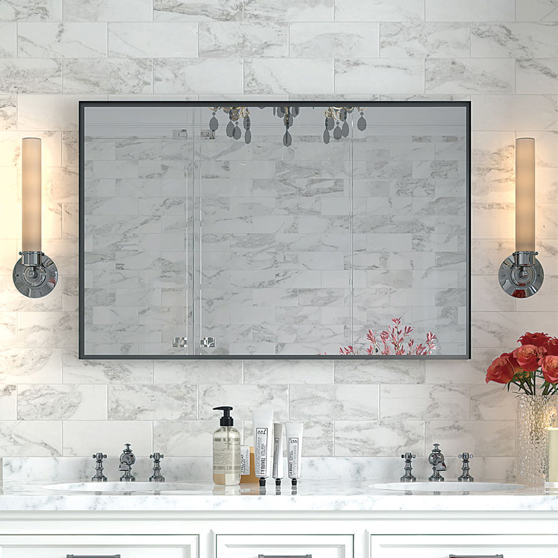 40X30&quot; Glossy Bathroom Mirrors For Wall Rectangle Vanity Mirror Corner Hangs Farmhouse Mirror Modern Metal Framed Rectangular Mirror, Decorative Square Corner Mirror (Horizontal &amp; Vertical) - Black