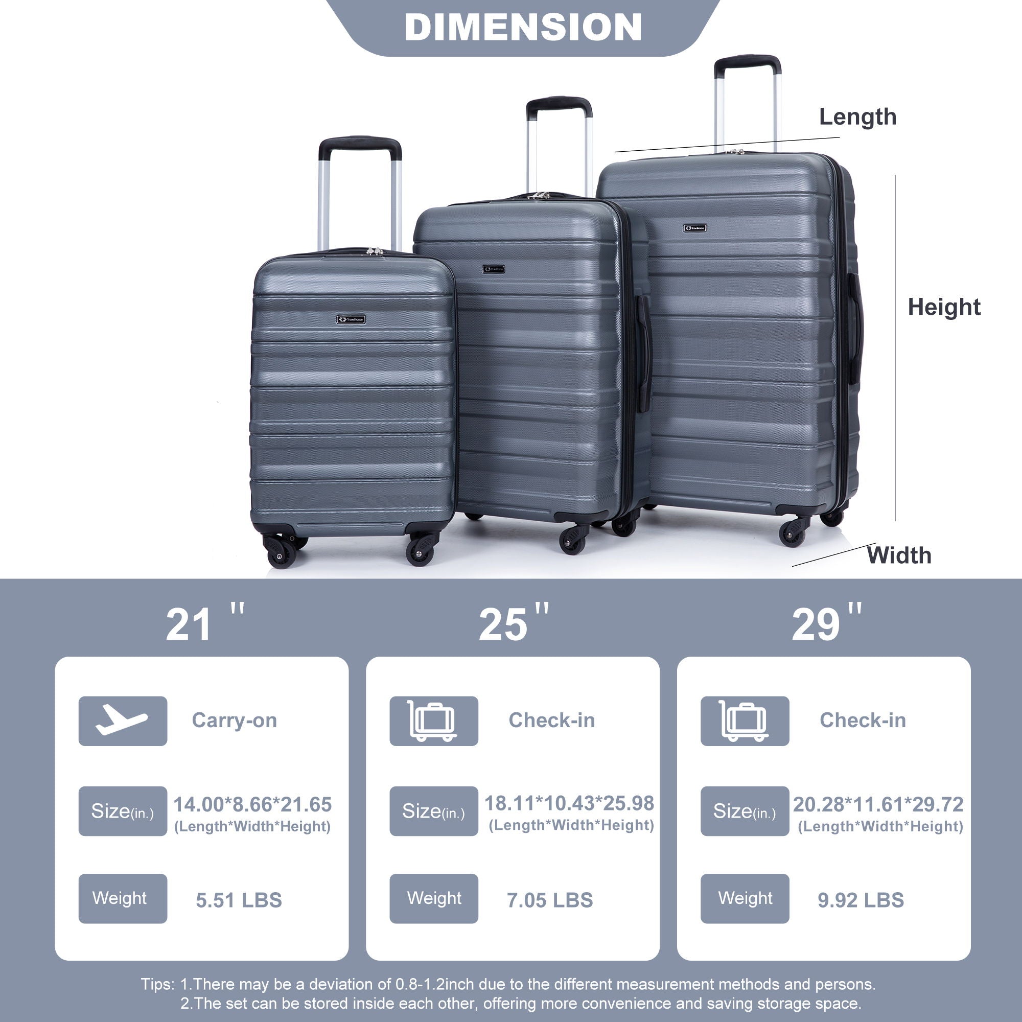 Expandable 3 Piece Luggage Sets Lightweight &amp; Durable Suitcase, Spinner Wheels, Tsa Lock