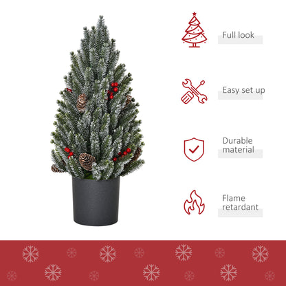 HOMCOM 18&quot; Tall Unlit Miniature Snow-Flocked Tabletop Artificial Christmas Tree, Holiday Decoration with Pine Cones and Berries