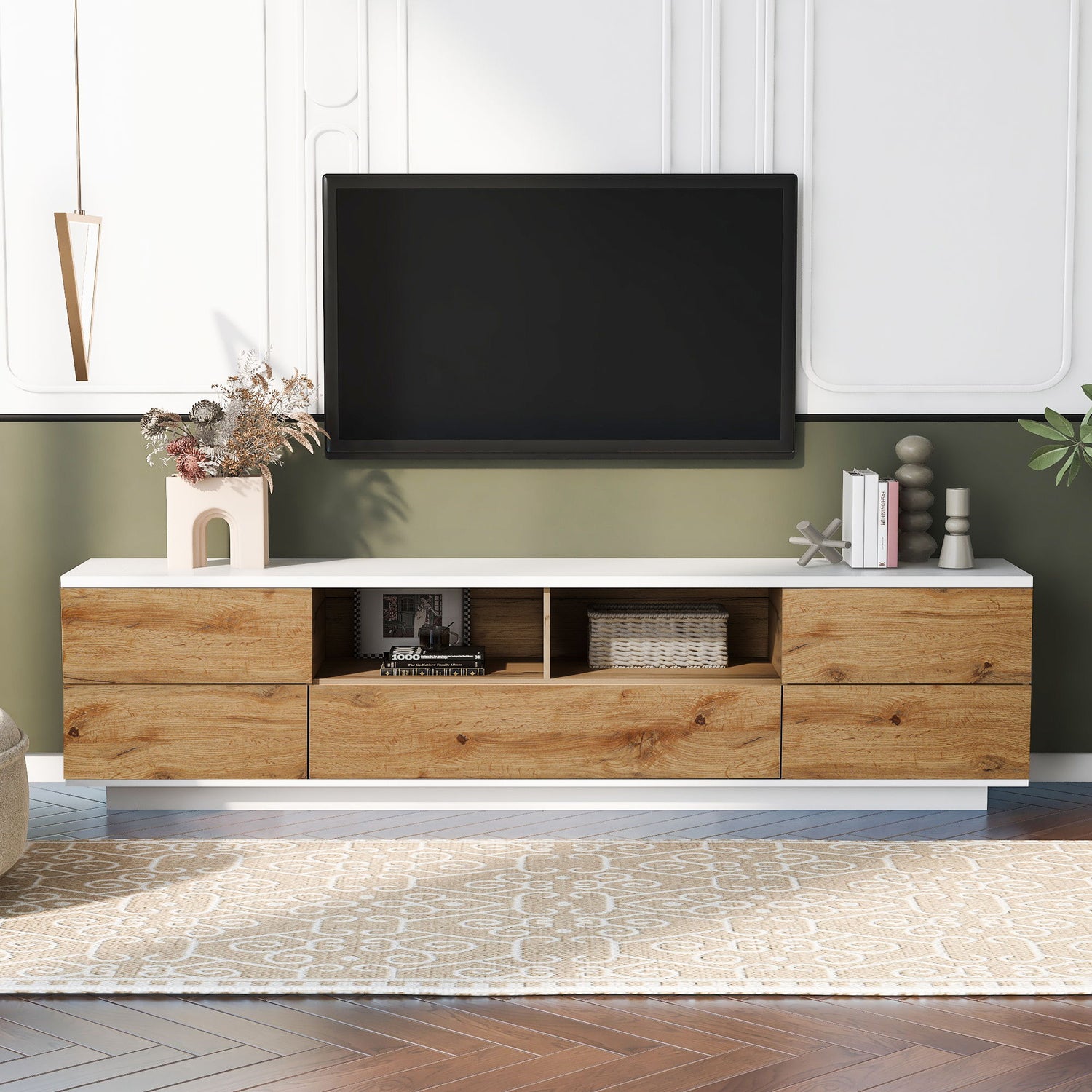 TV Stand, Entertainment Center With Deep Drawers, Cable Management &amp; Soft Closing Hinges