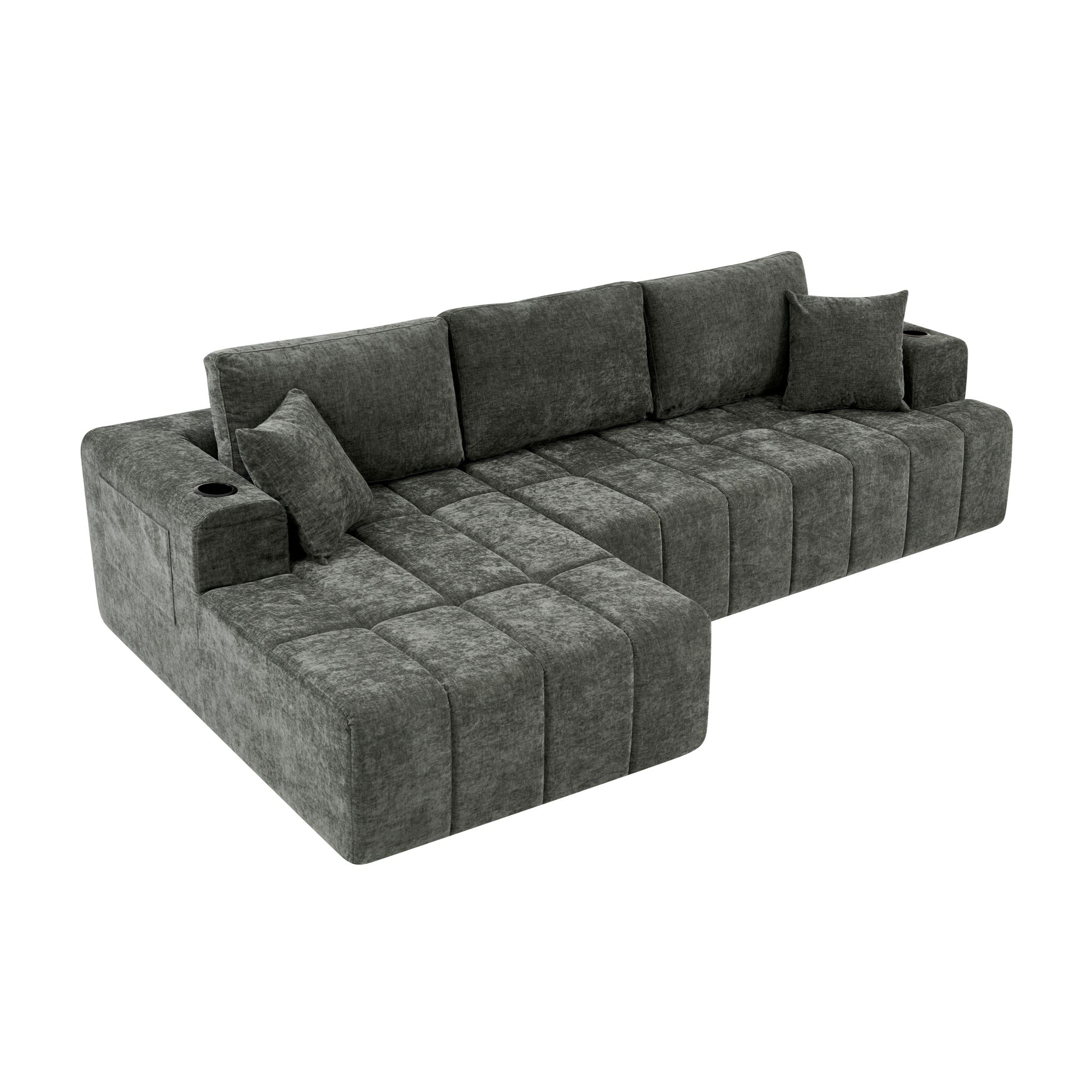 L - Shaped Sectional Sofa With Cup Holders &amp; Side Pockets