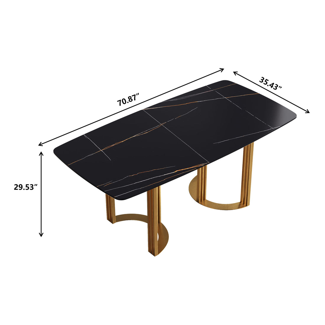 70.87&quot; Modern Artificial Stone Black Curved Metal Leg Dining Table, Can Accommodate 6-8 People - Black / Gold