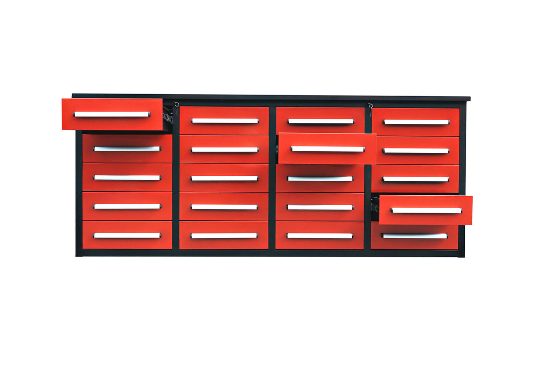 Garage Storage Cabinets With Workbench (With 20 Drawers) - Red