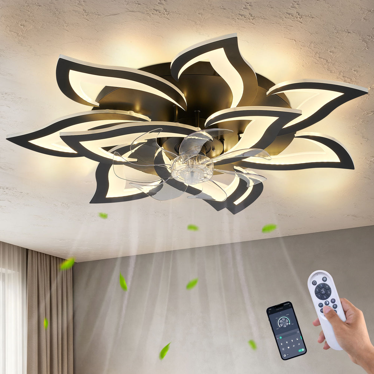 32" Flower Ceiling Fan With LED Dimmable Light, Low Profile Flush Mount Fan With Remote Control, 6 Speeds