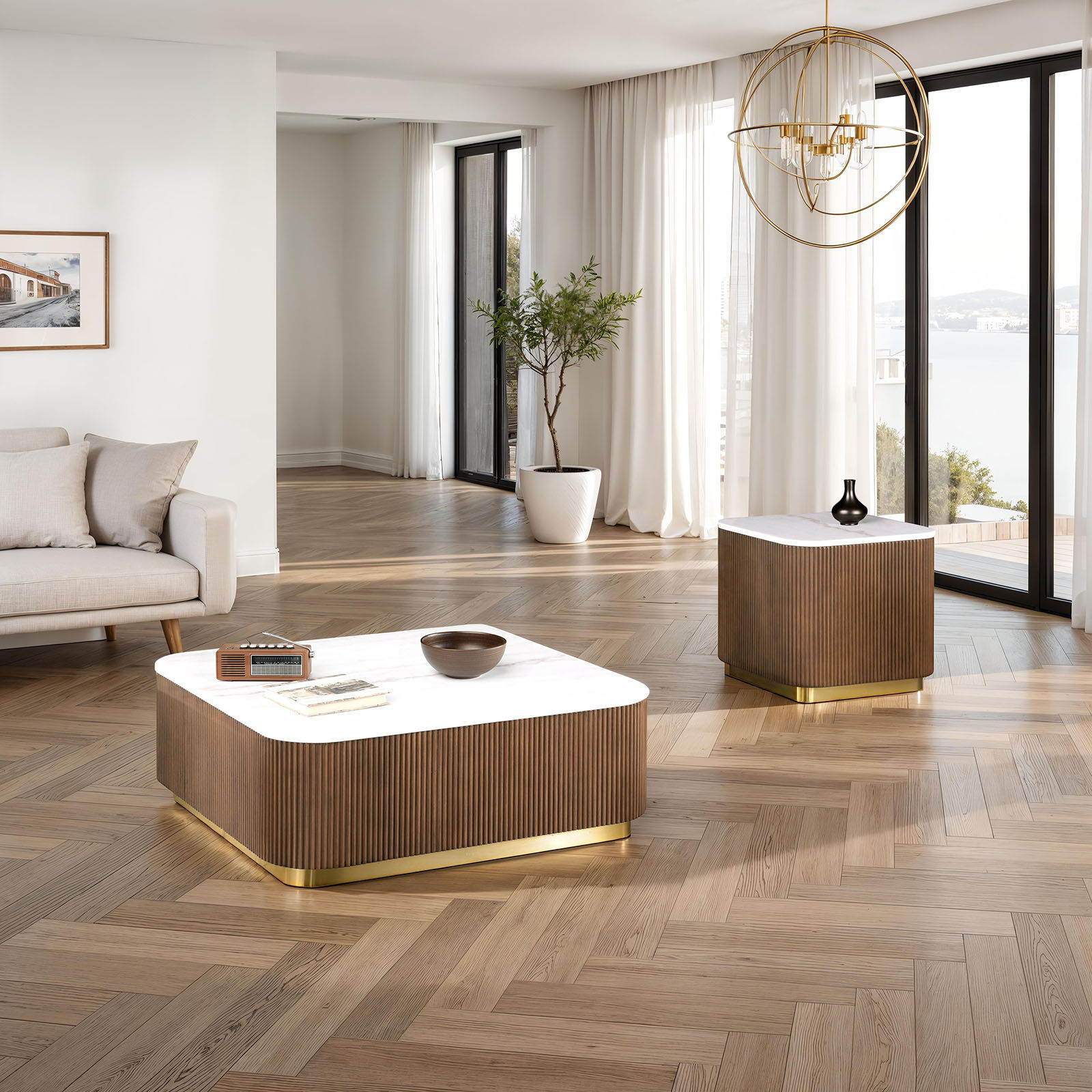 3 Piece Table Set, Square Cocktail Table &amp; 2 Square End Tables - Brown / Gold / White
