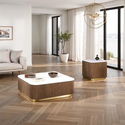 3 Piece Table Set, Square Cocktail Table &amp; 2 Square End Tables - Brown / Gold / White