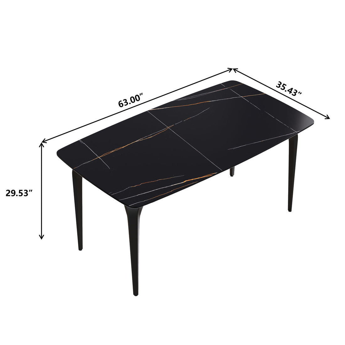 63&quot; Artificial Stone Black Curved Black Metal Leg Dining Table, 6 People - Black
