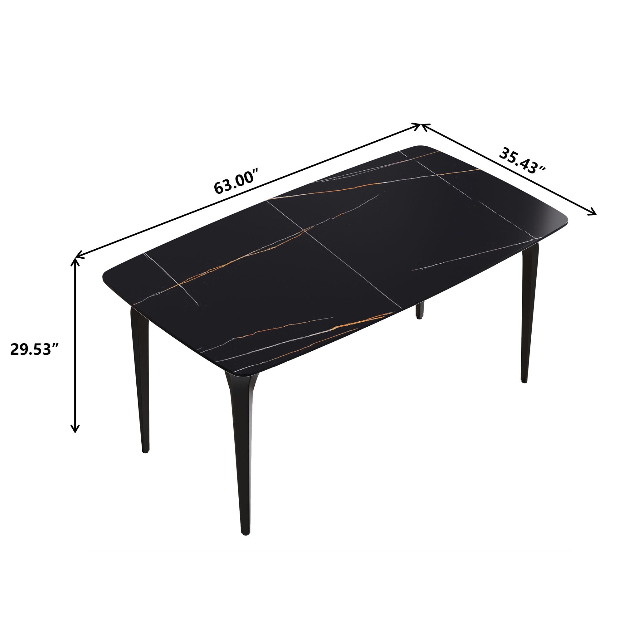63&quot; Artificial Stone Black Curved Black Metal Leg Dining Table, 6 People - Black