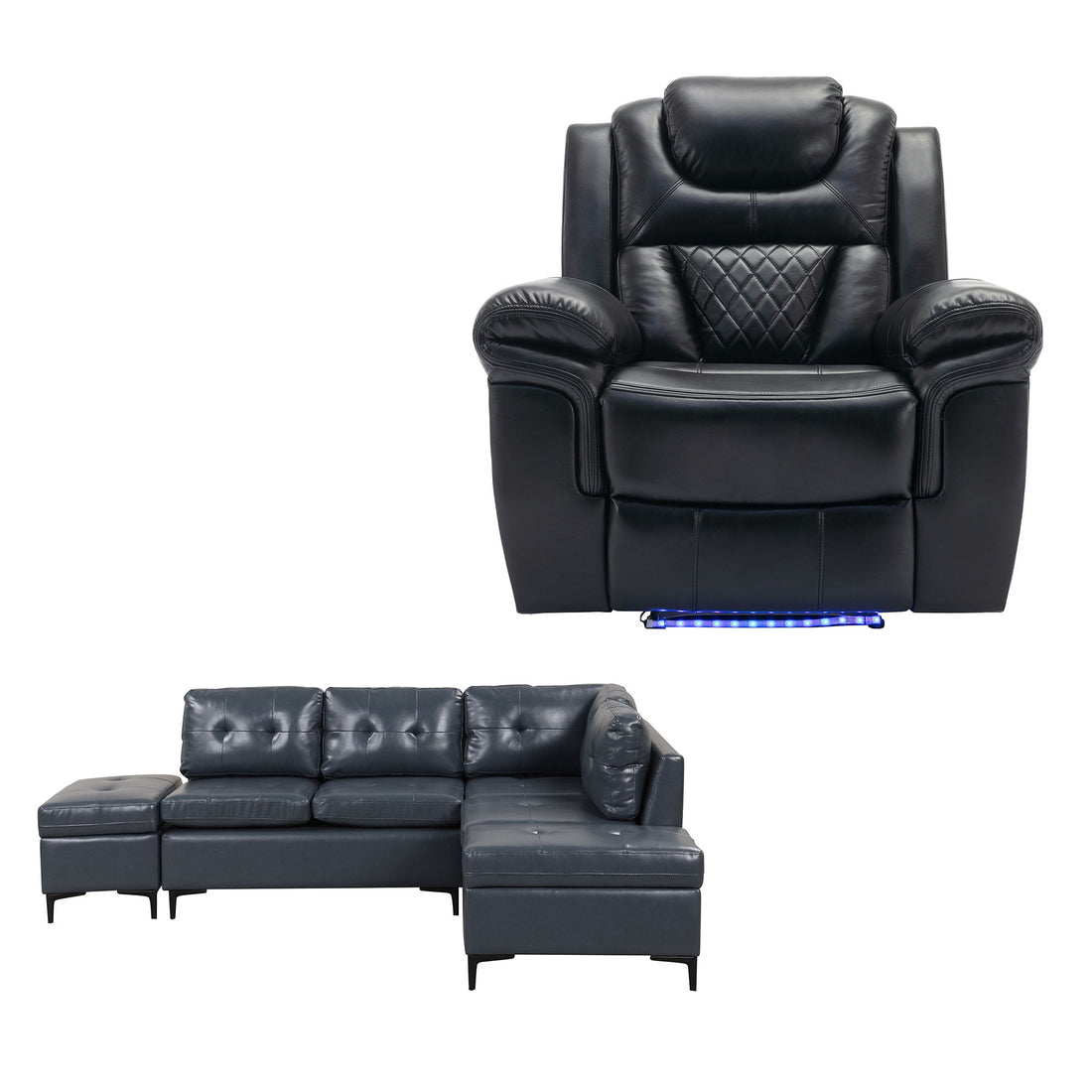 Sofa Recliner Set L - Shaped Corner Sofa Leather Recliner For Living Room - Blue / Black