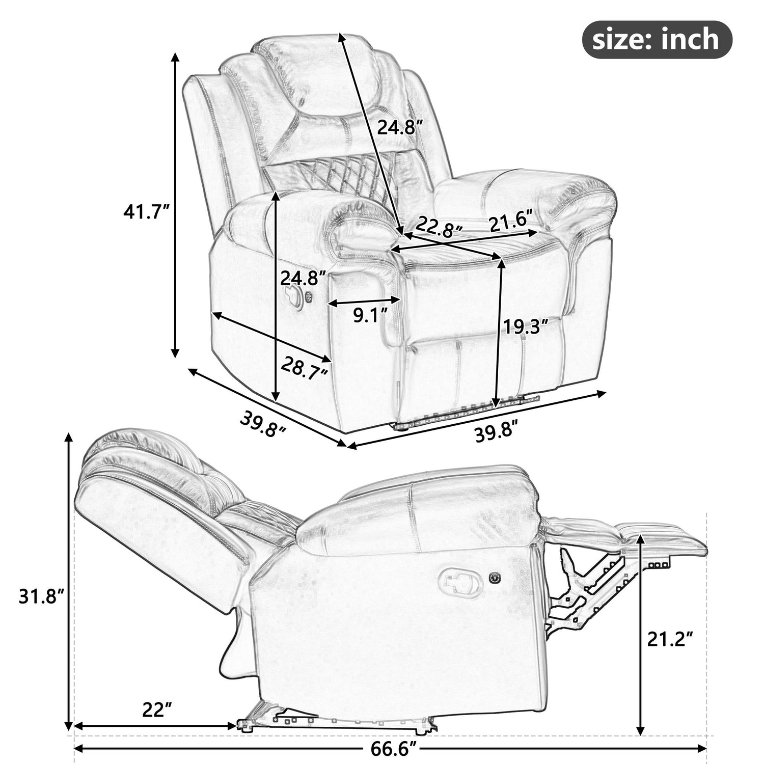 3 Pieces Recliner Sofa Sets Home Theater Seating Manual Recliner Chair &amp; Center Console And LED Light Strip For Living Room - Brown