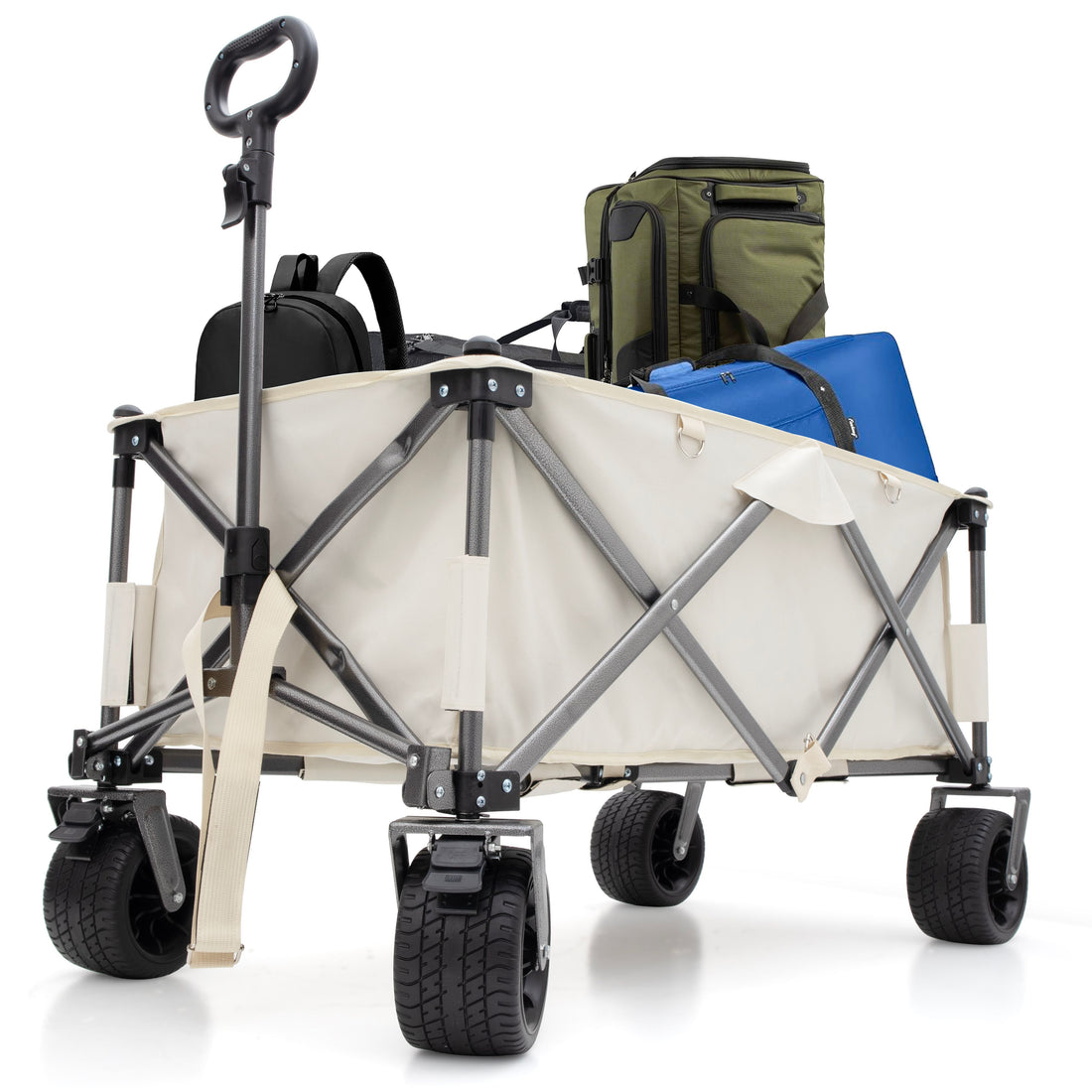 Aluminum Alloy Folding Wagon, Heavy Duty Utility Beach Wagon Cart For Sand With Big Wheels, Adjustable Handle &amp; Drink Holders For Shopping, Camping, Garden And Outdoor