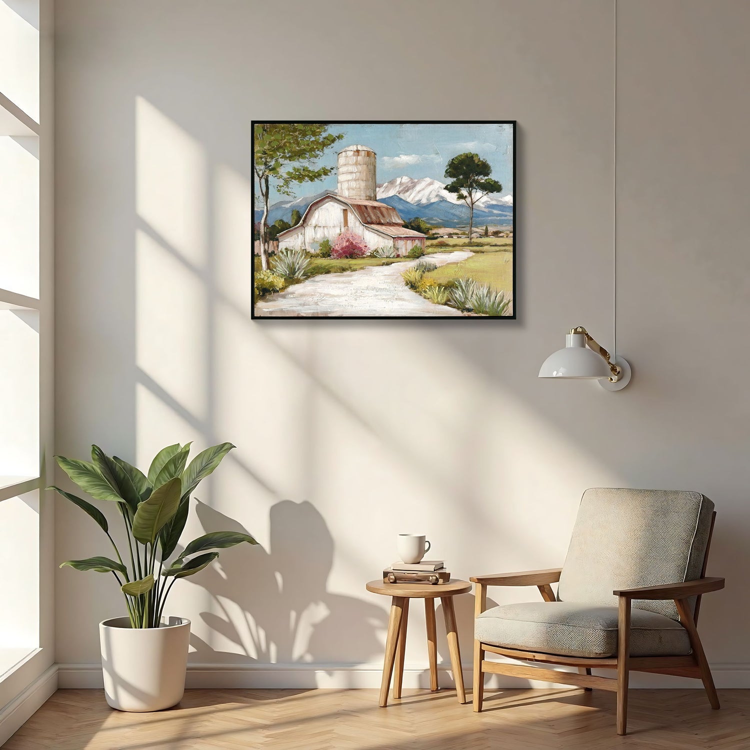 Framed Canvas Wall Art Beautiful Field Painting Wildflower Barn Print Nature Scenery Picture For Home - Blue / Pink