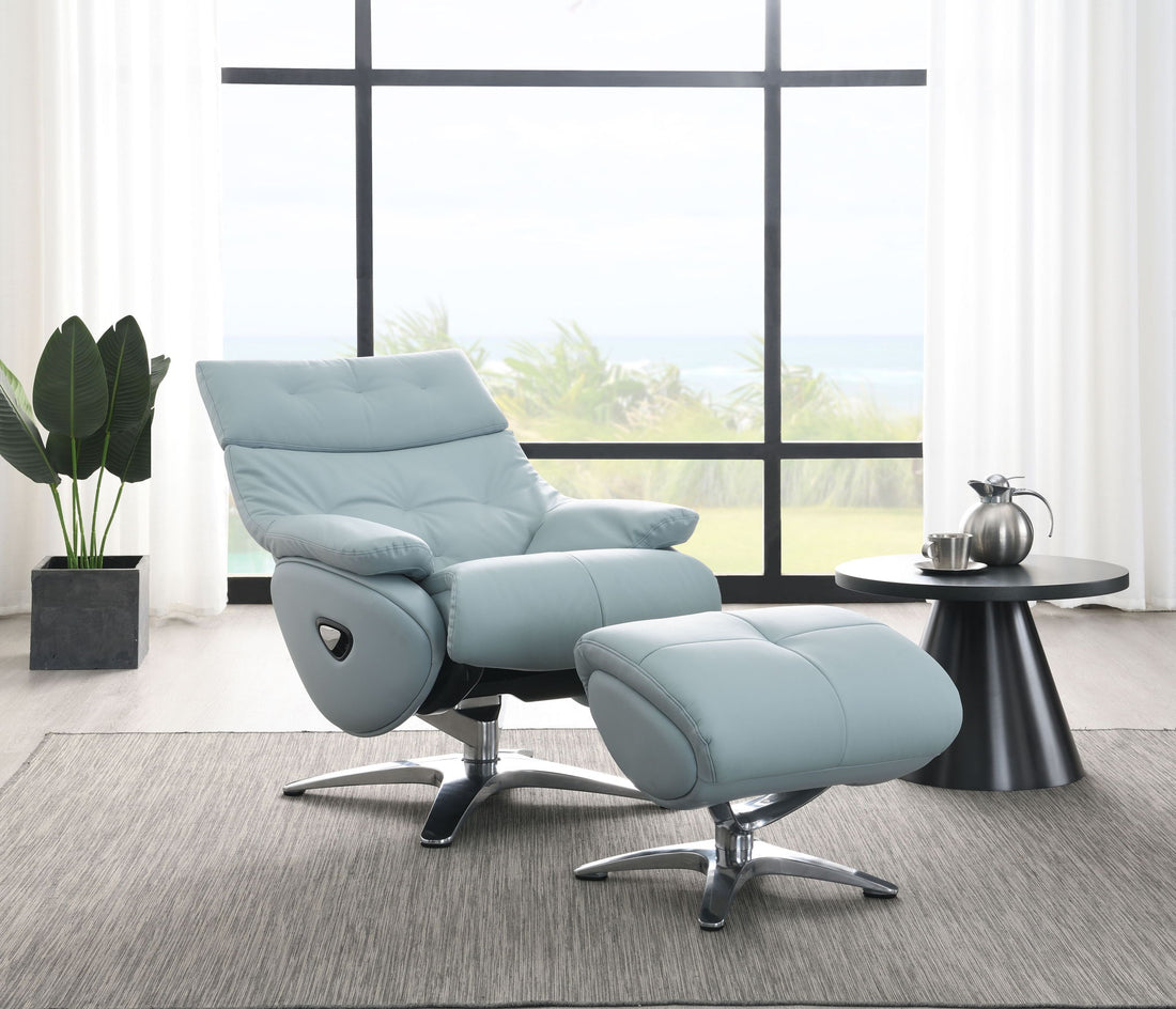 Janella - Top Grain Leather Accent Chair With Swivel &amp; Ottoman - Baby Blue