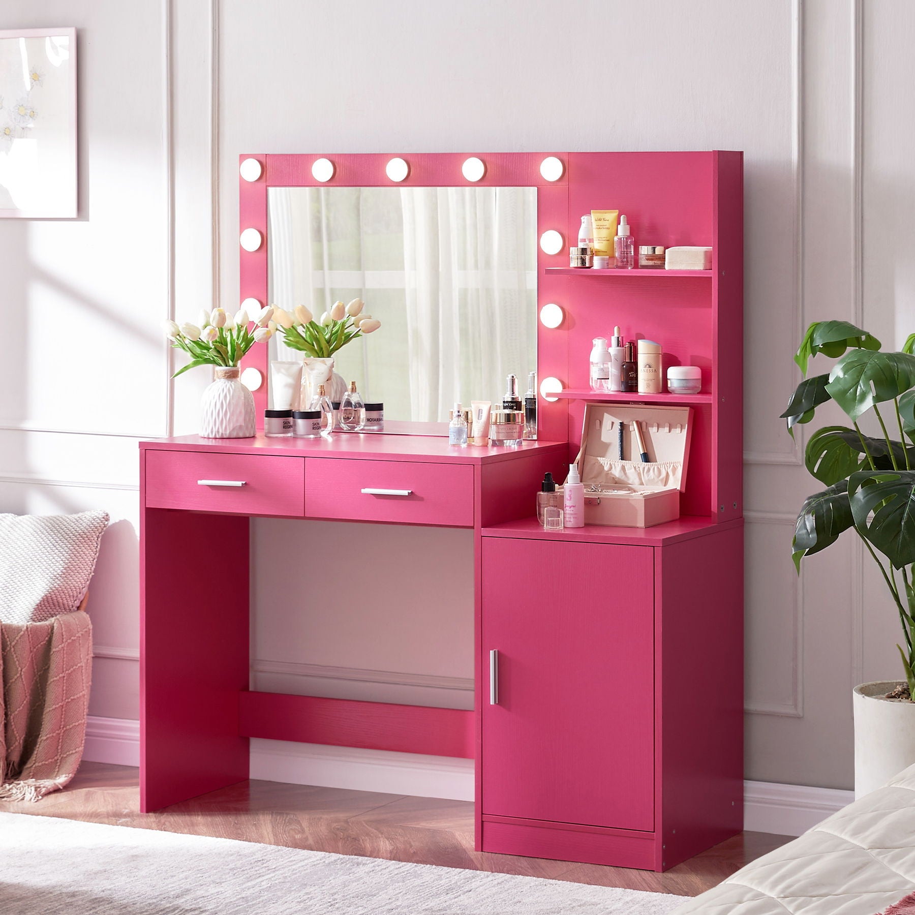 Vanity Desk With Mirror And Lights, 46.4In Dressing Table With 2 Large Drawer &amp; Large Vertical Organizer, 3 Level Dresser &amp; 3 Lighting Modes Adjustable Brightness, Suitable For Bedroom