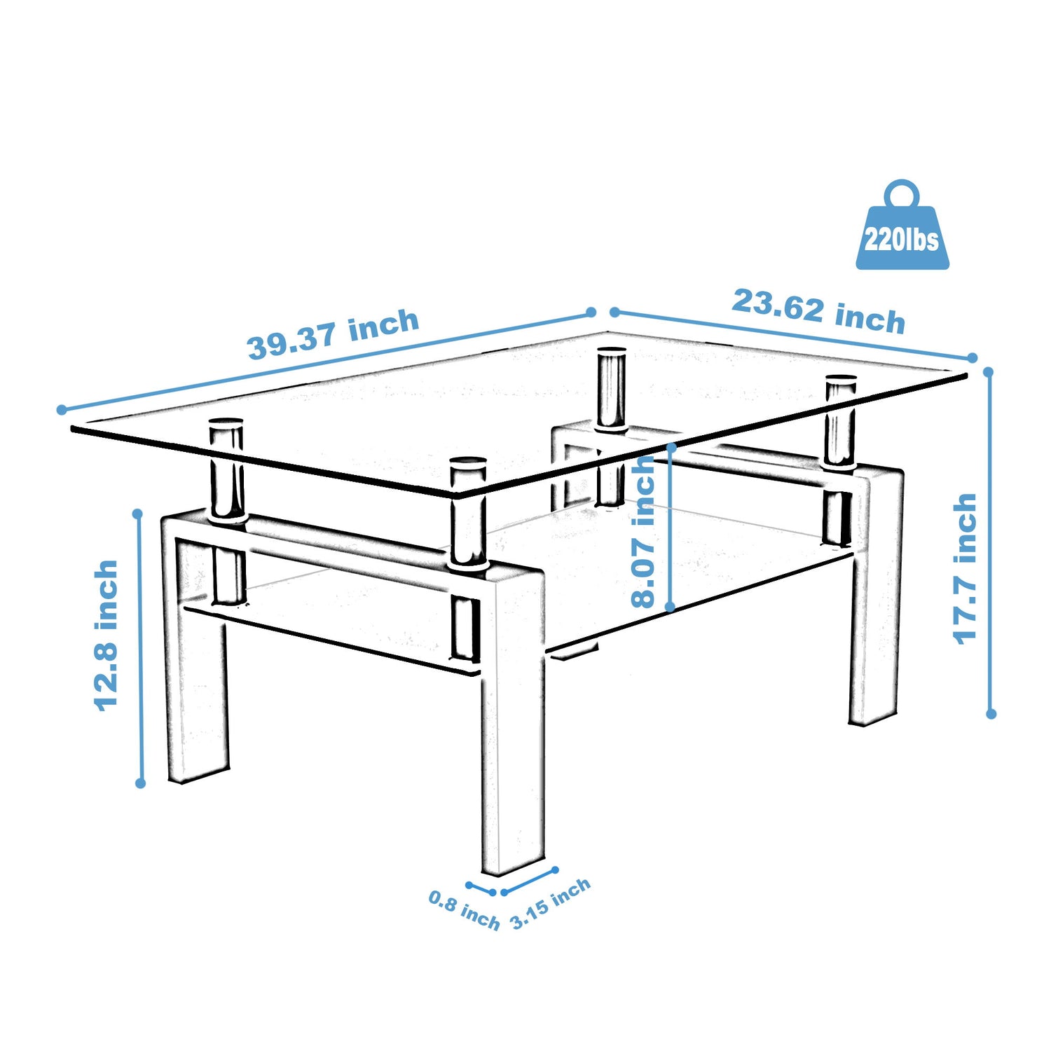 Modern Rectangular Coffee Table With Tempered Glass Top