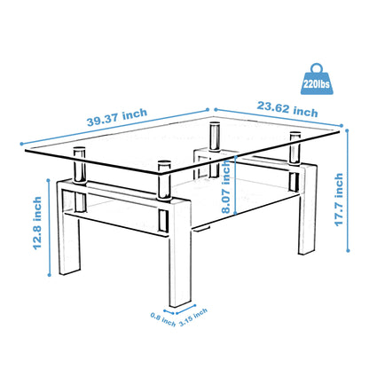 Modern Rectangular Coffee Table With Tempered Glass Top