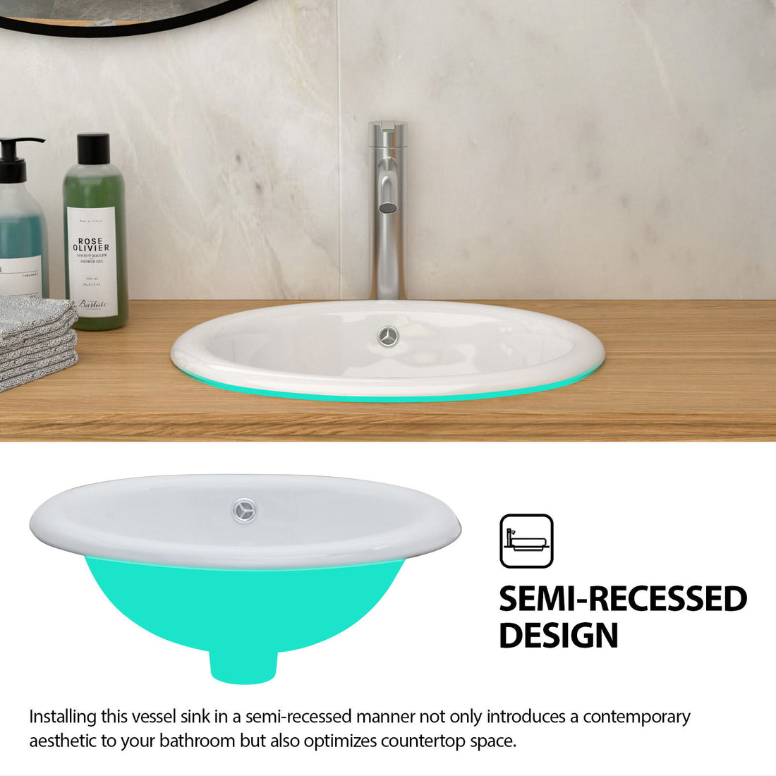 Semi Recessed Bathroom Sink With Countertop Vessel Design, 17&quot; X 15.5&quot; - White