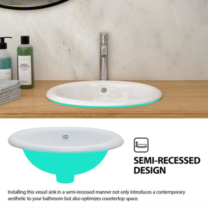 Semi Recessed Bathroom Sink With Countertop Vessel Design, 17&quot; X 15.5&quot; - White