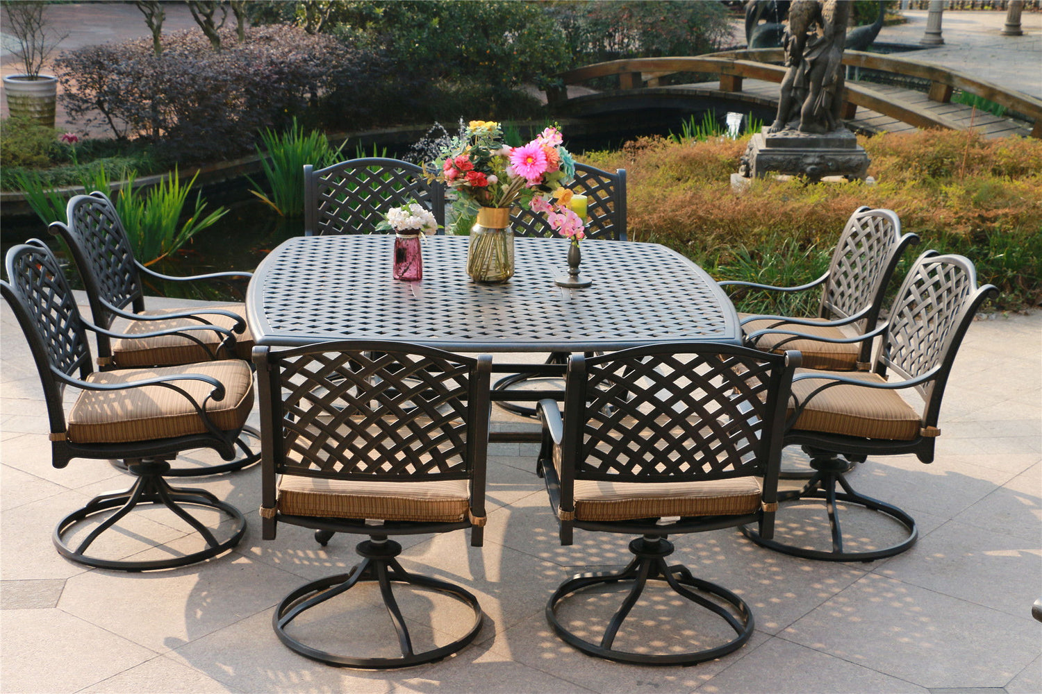 Square 8 Person 63.98&quot; Long Dining Set With Dupione Brown Cushions