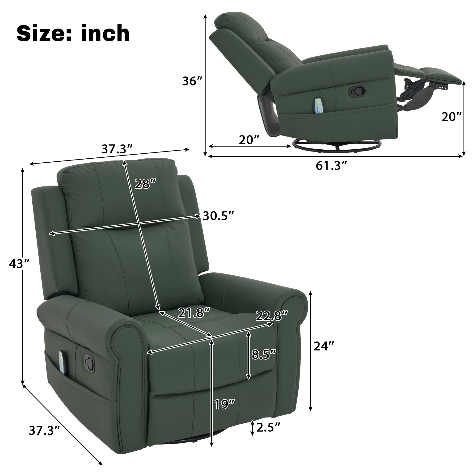 Manual Recliner Chair With 270 Degree Swivel, Massage &amp; Heating, Dual Reclining Positions