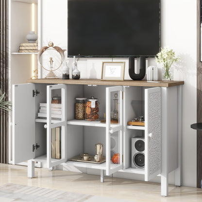 Retro TV Stand With 3 Spacious Cabinets, Glass Cabinet Doors And Anti-Tip Device