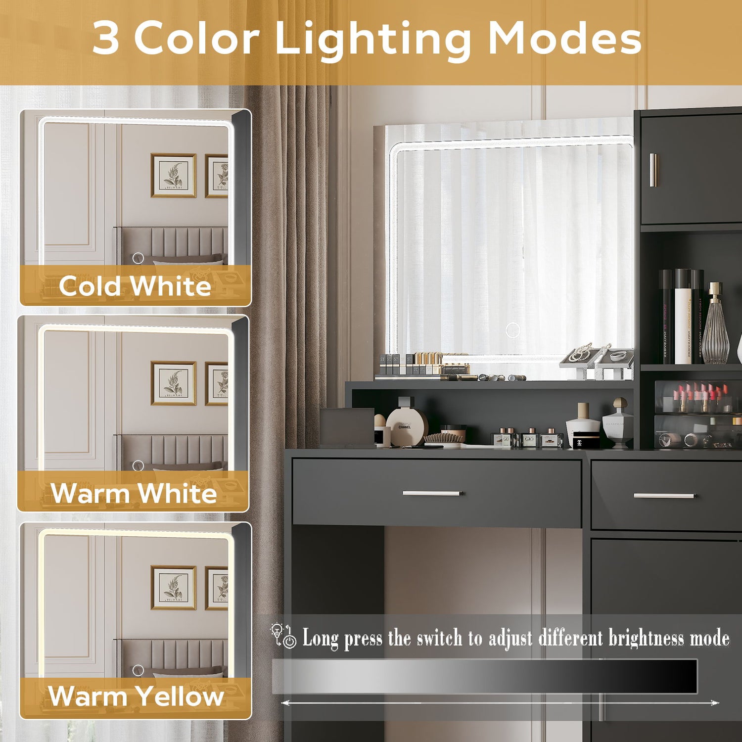 Vanity Desk With Mirror And LED Light Strip, Dressing Table With Large Drawer, 3 Level Storage Dresser &amp; 3 Lighting Modes Adjustable Brightness, Suitable For Bedroom
