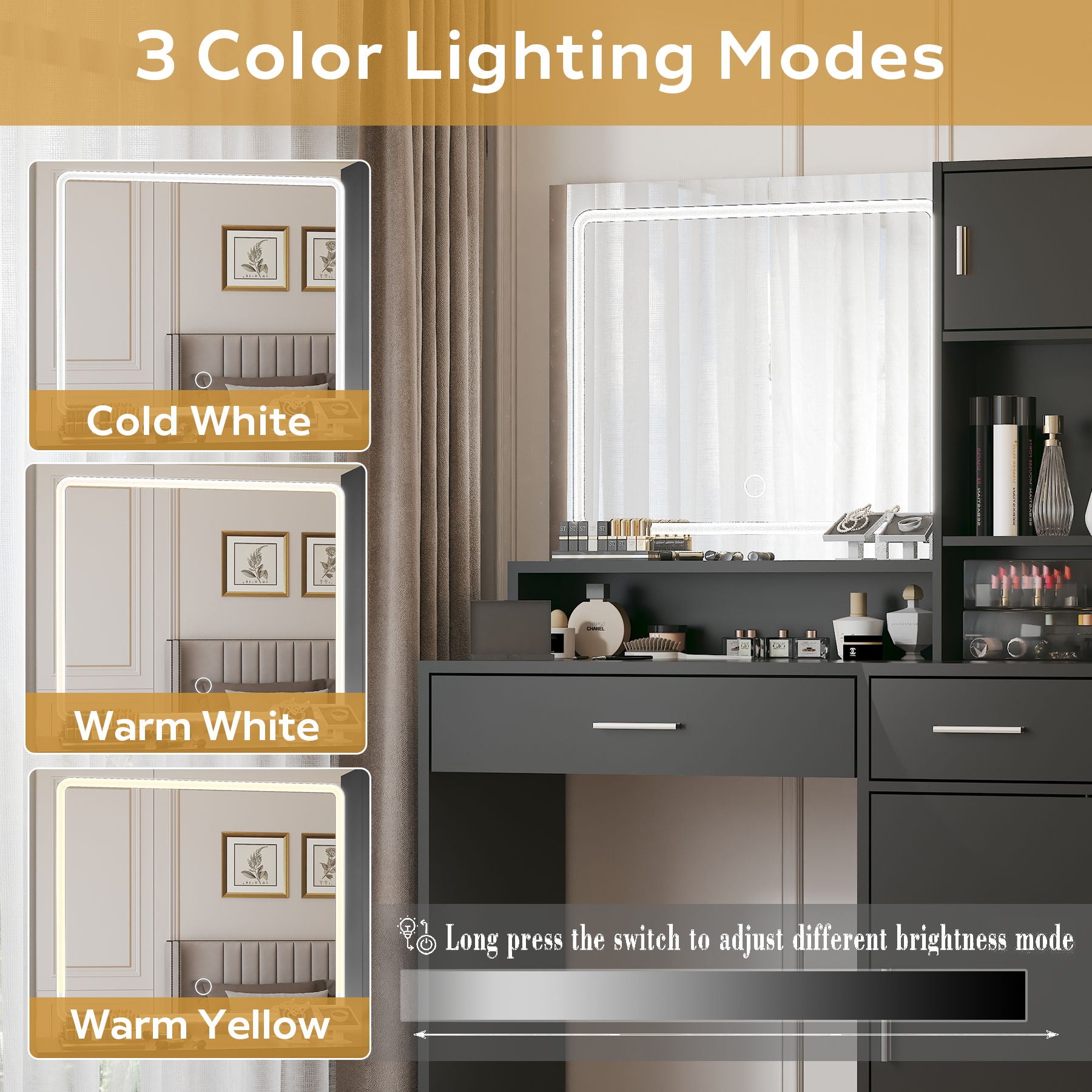 Vanity Desk With Mirror And LED Light Strip, Dressing Table With Large Drawer, 3 Level Storage Dresser &amp; 3 Lighting Modes Adjustable Brightness, Suitable For Bedroom