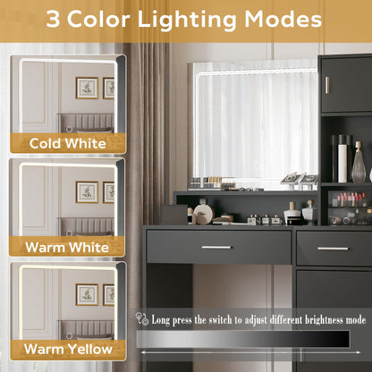 Vanity Desk With Mirror And LED Light Strip, Dressing Table With Large Drawer, 3 Level Storage Dresser &amp; 3 Lighting Modes Adjustable Brightness, Suitable For Bedroom