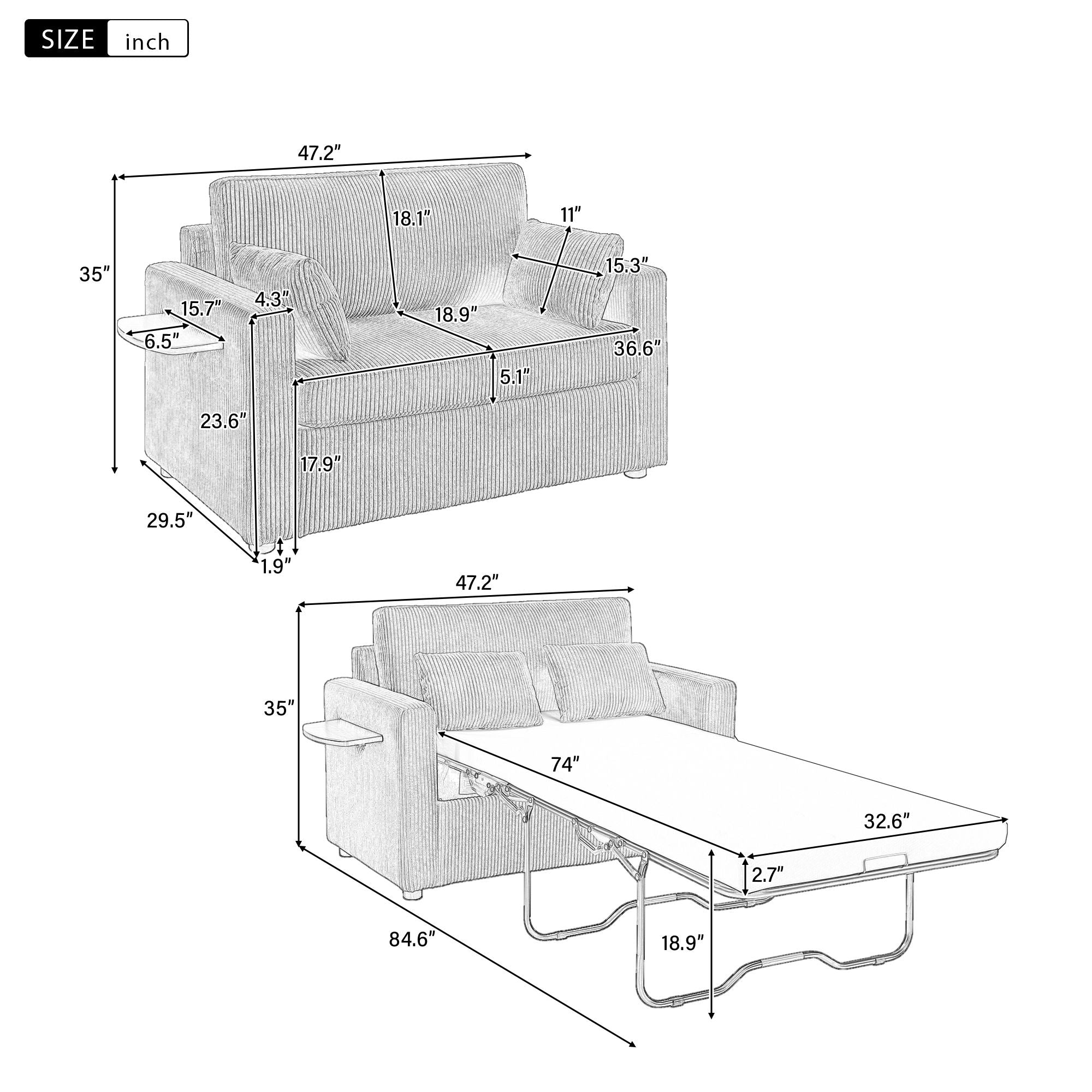 Sleeper Sofa With Foldable Mattress, USB Ports, Side Table &amp; Storage Pocket