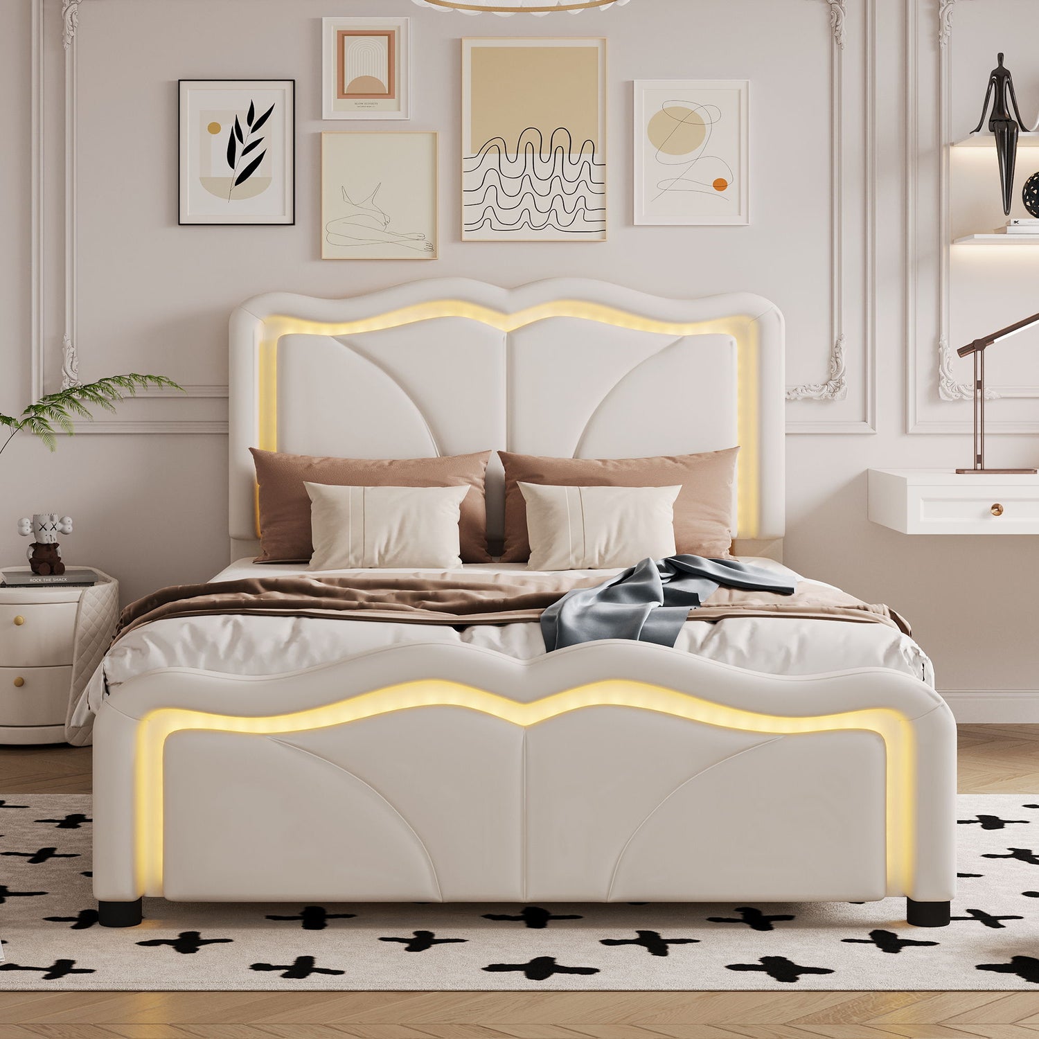 Upholstered Platform Bed &amp; Curve Shaped And Height Adjustable Headboard, LED Light Strips