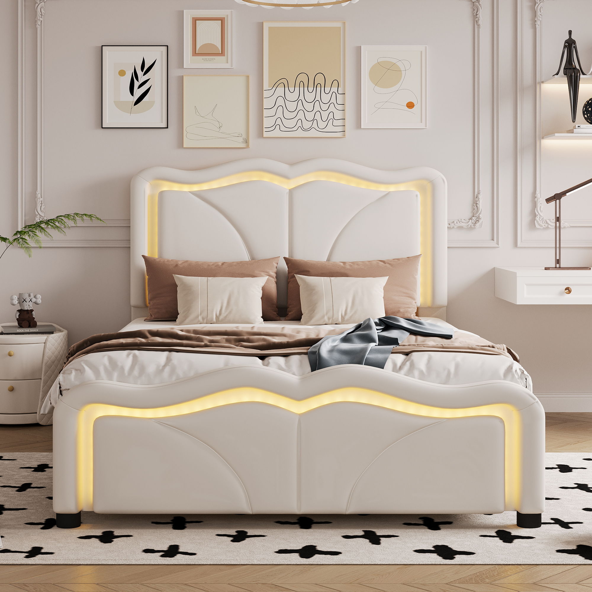Upholstered Platform Bed &amp; Curve Shaped And Height Adjustable Headboard, LED Light Strips