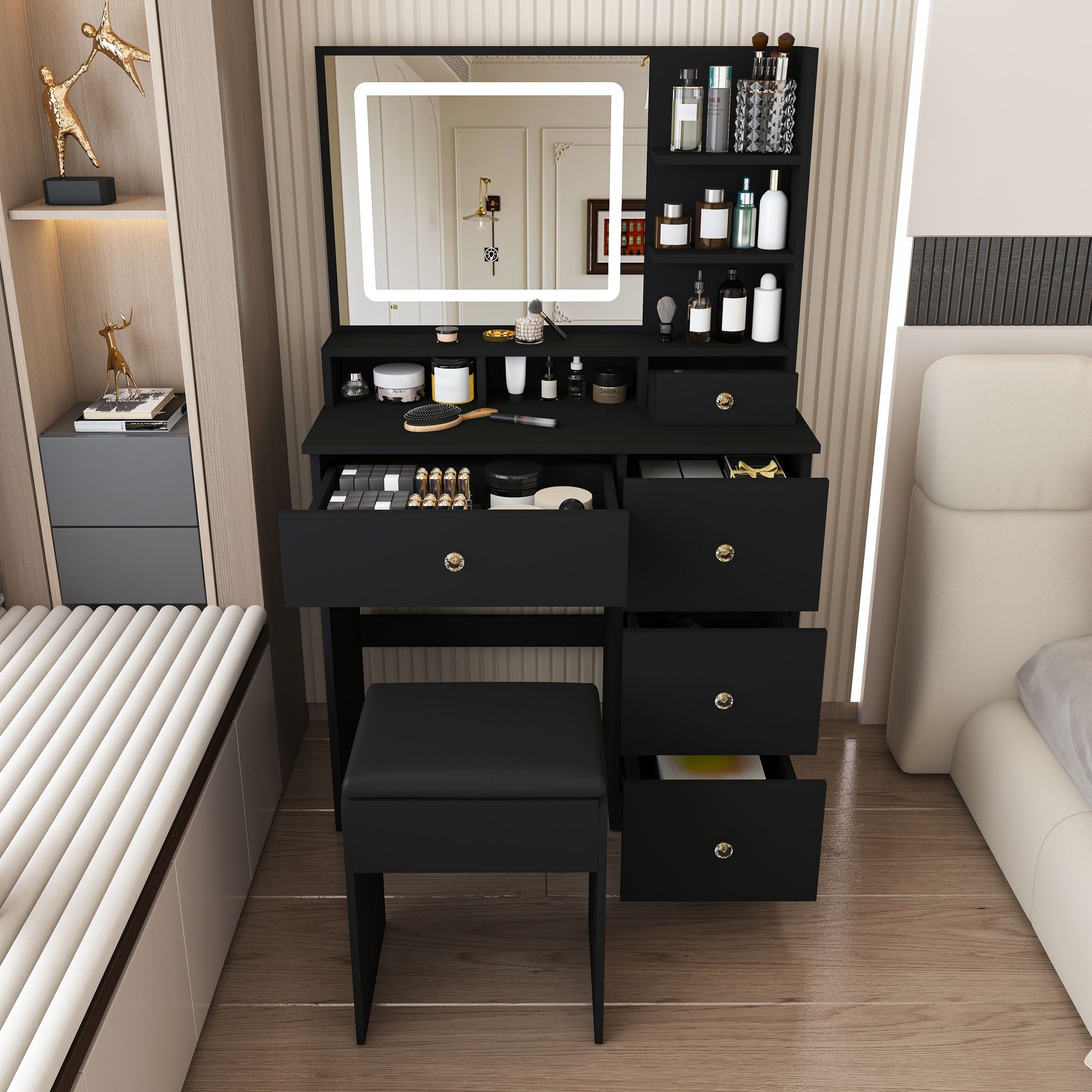 Vanity Desk With Mirror, 3 Color Lighting And Stool
