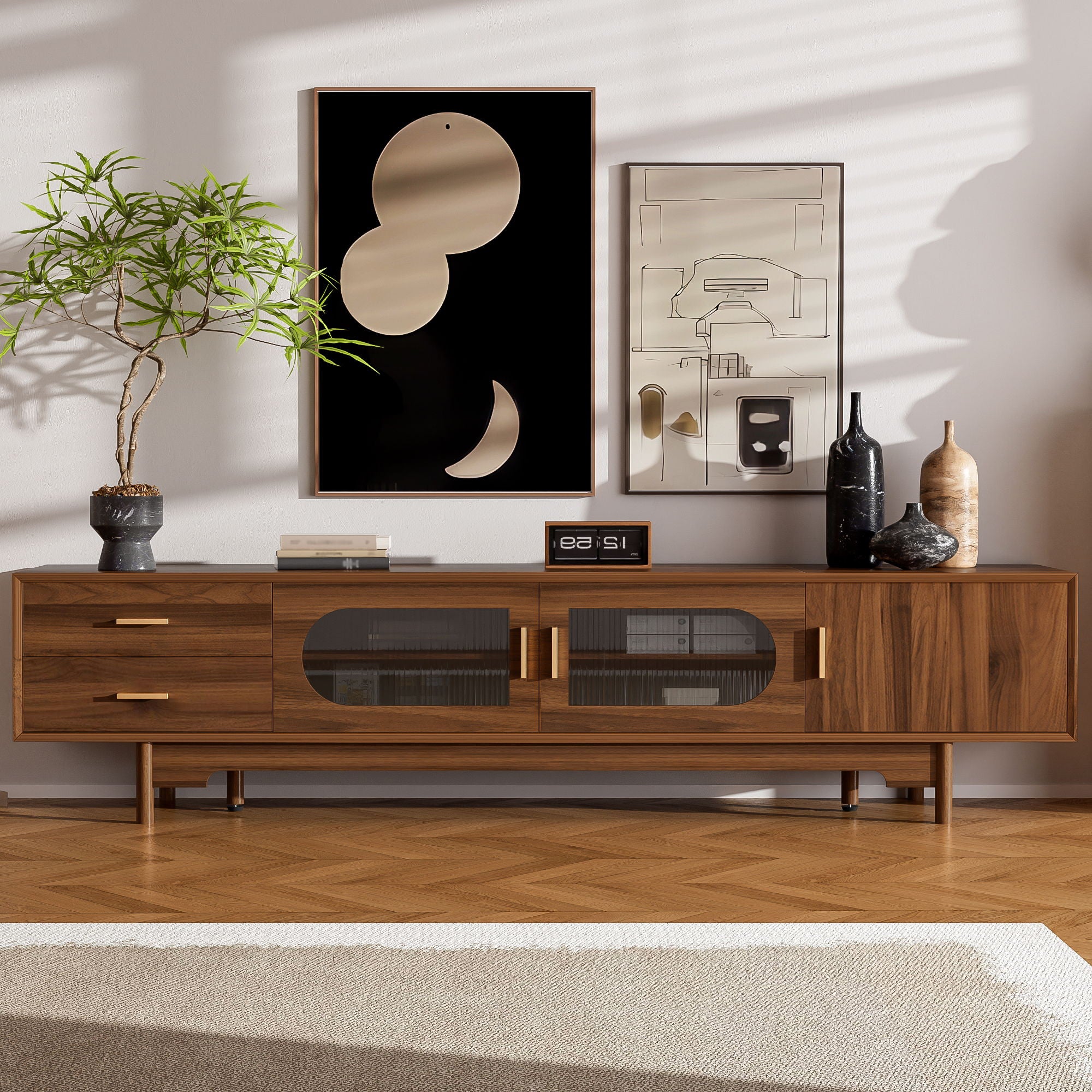 Modern TV Stand With Fluted Glass Doors &amp; 2 Drawers