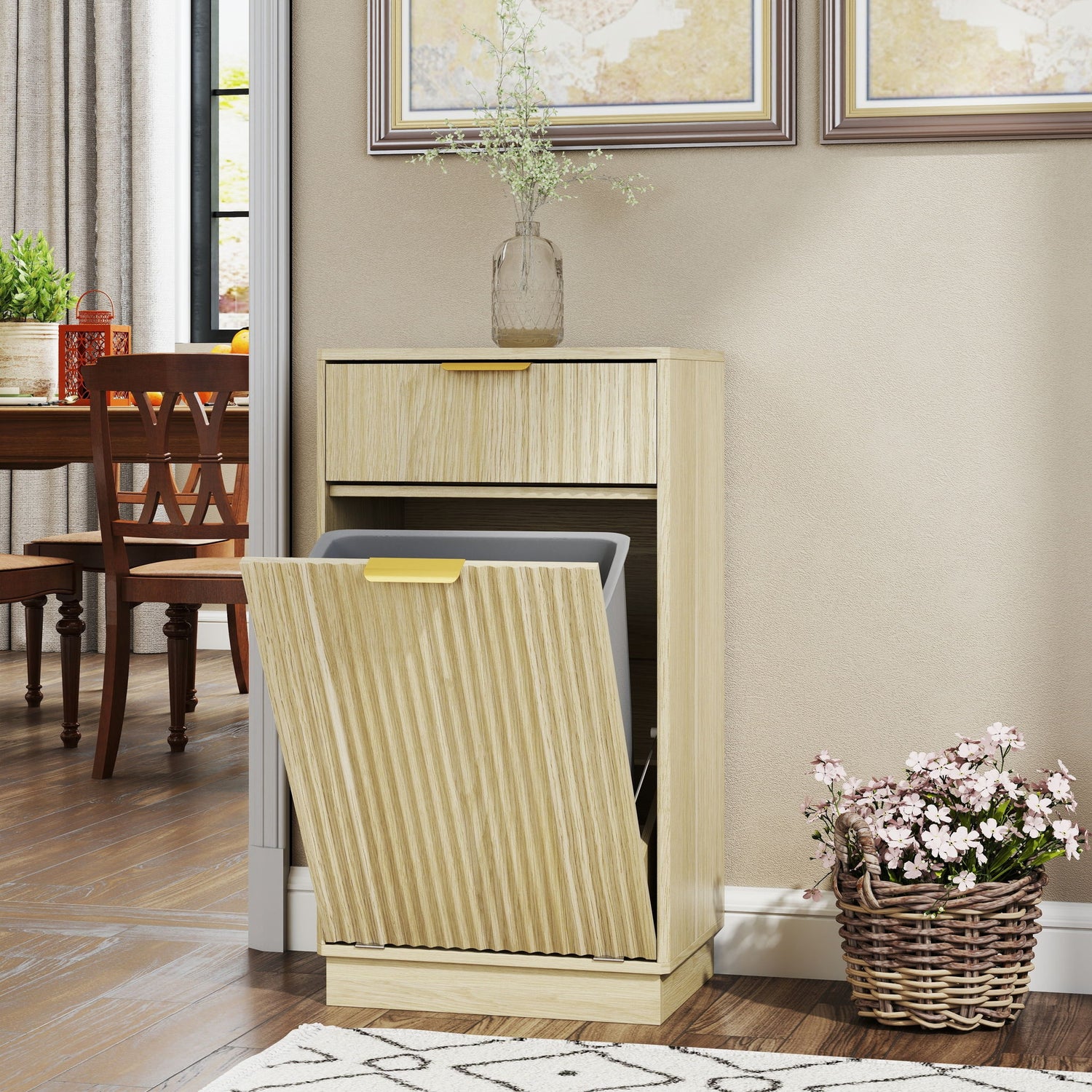 Tilt Out Trash Can Cabinet With Wave Textured Drawer &amp; Pull Out Bin