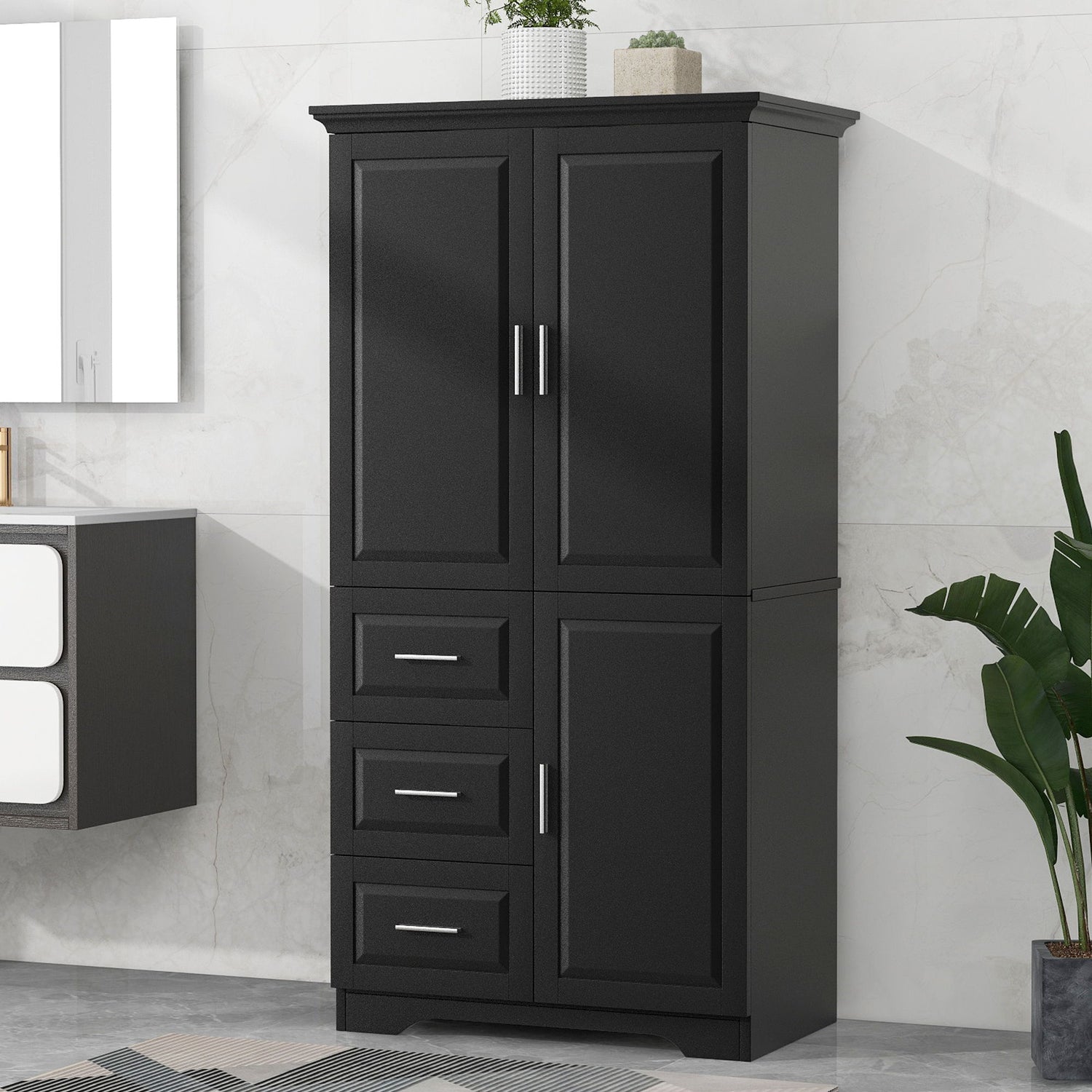 Tall And Wide Storage Cabinet With Doors, 3 Drawers