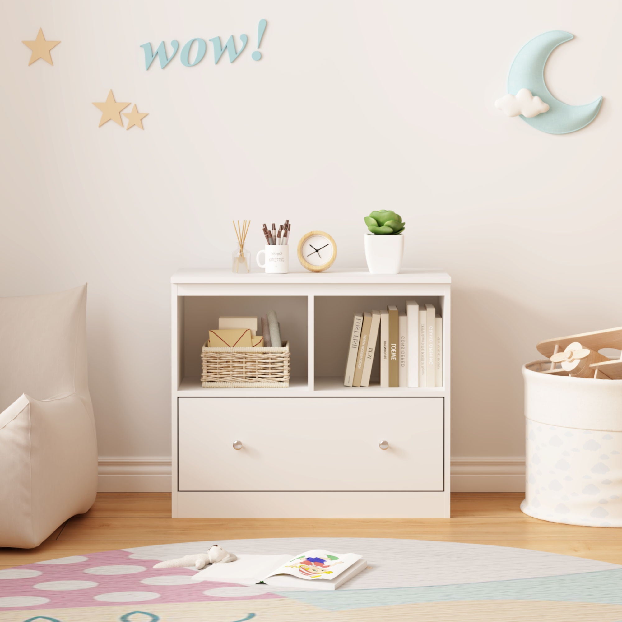 Toy Storage Organizer With Large Drawer And Low Bookshelf For Nursery &amp; Playroom - White