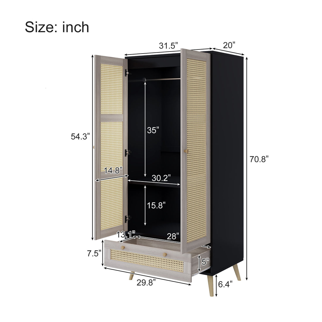 Tall Armoire Wardrobe Closet With 2 Rattan Doors &amp; 1 Drawer, Boho Clothes Storage Cabinet With Hanging Rod For Bedroom - Natural / Black