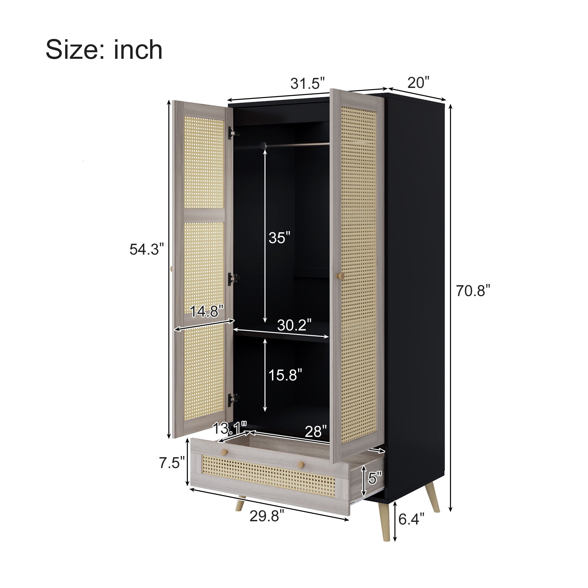 Tall Armoire Wardrobe Closet With 2 Rattan Doors &amp; 1 Drawer, Boho Clothes Storage Cabinet With Hanging Rod For Bedroom - Natural / Black