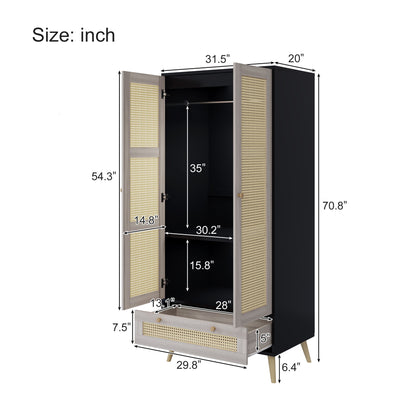 Tall Armoire Wardrobe Closet With 2 Rattan Doors &amp; 1 Drawer, Boho Clothes Storage Cabinet With Hanging Rod For Bedroom - Natural / Black