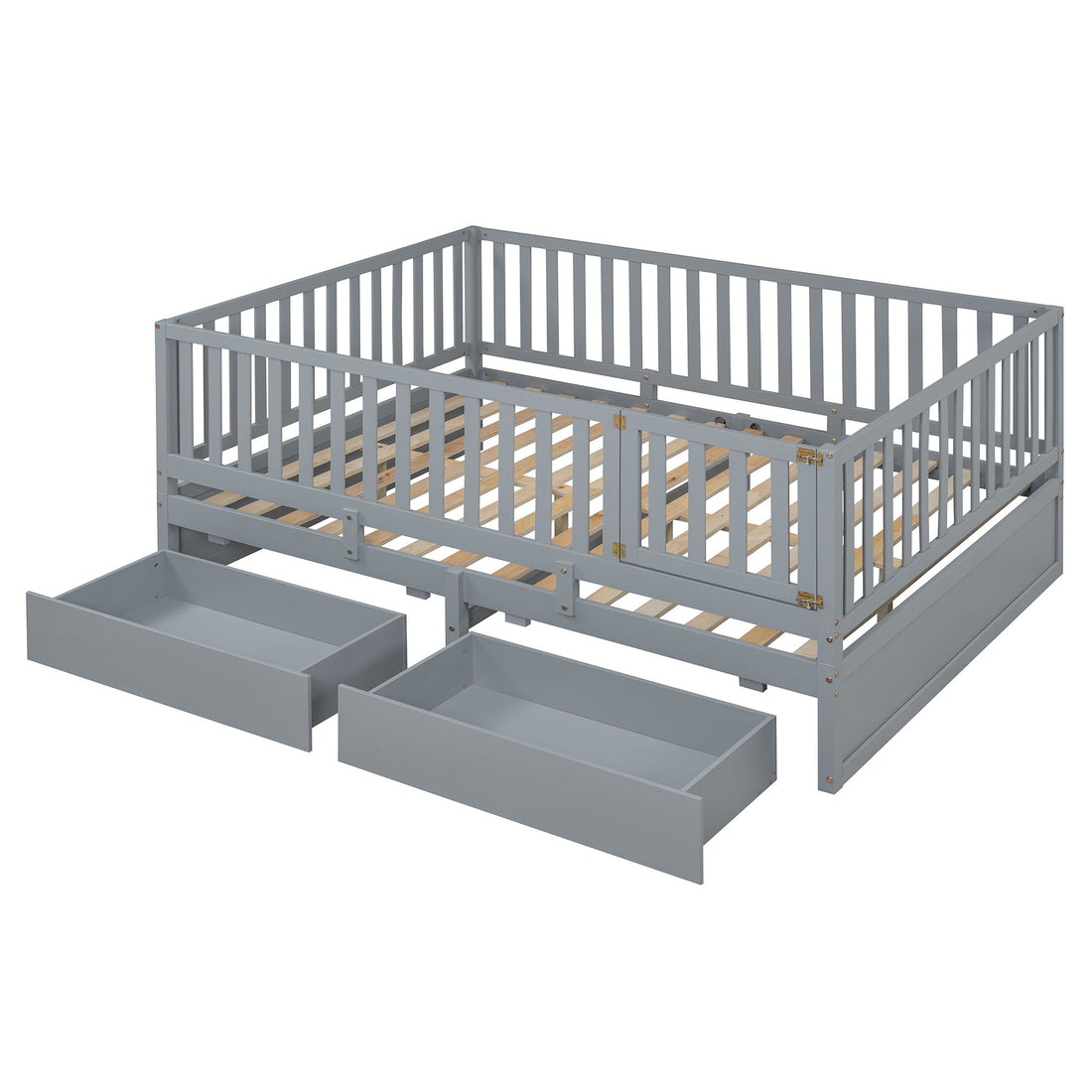Daybed With Fence Guardrails And 2 Drawers, Split Into Independent Floor Bed &amp; Daybed