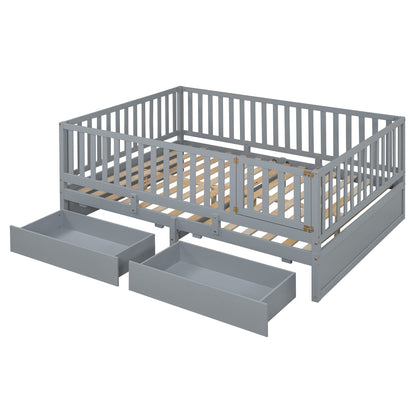 Daybed With Fence Guardrails And 2 Drawers, Split Into Independent Floor Bed &amp; Daybed