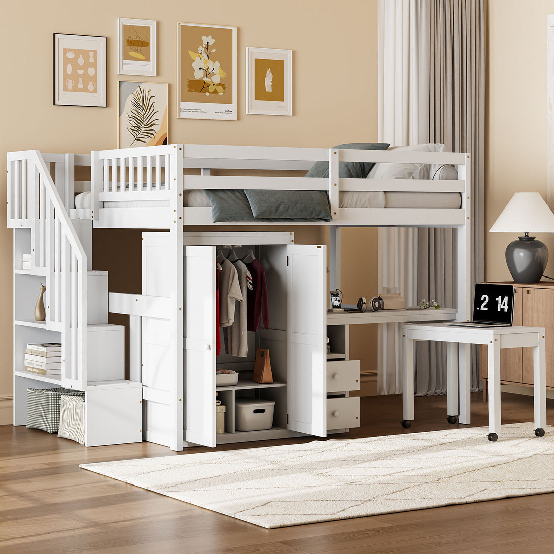 Loft Bed With Stairs, Bookshelf, Drawers, Desk &amp; Wardrobe, Space Saving Multifunctional Furniture