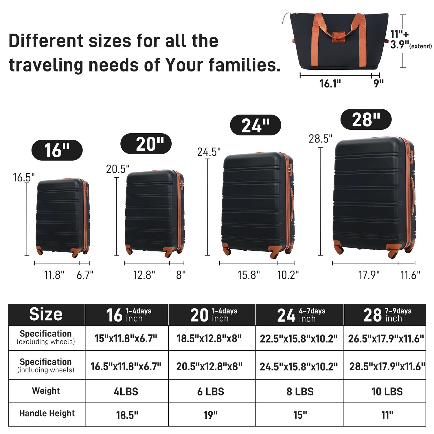 Hardshell Luggage Sets 4 Pieces + Bag Spinner Suitcase With Tsa Lock Lightweight - 16&quot; / 20&quot; / 24&quot; / 28&quot; Luggages