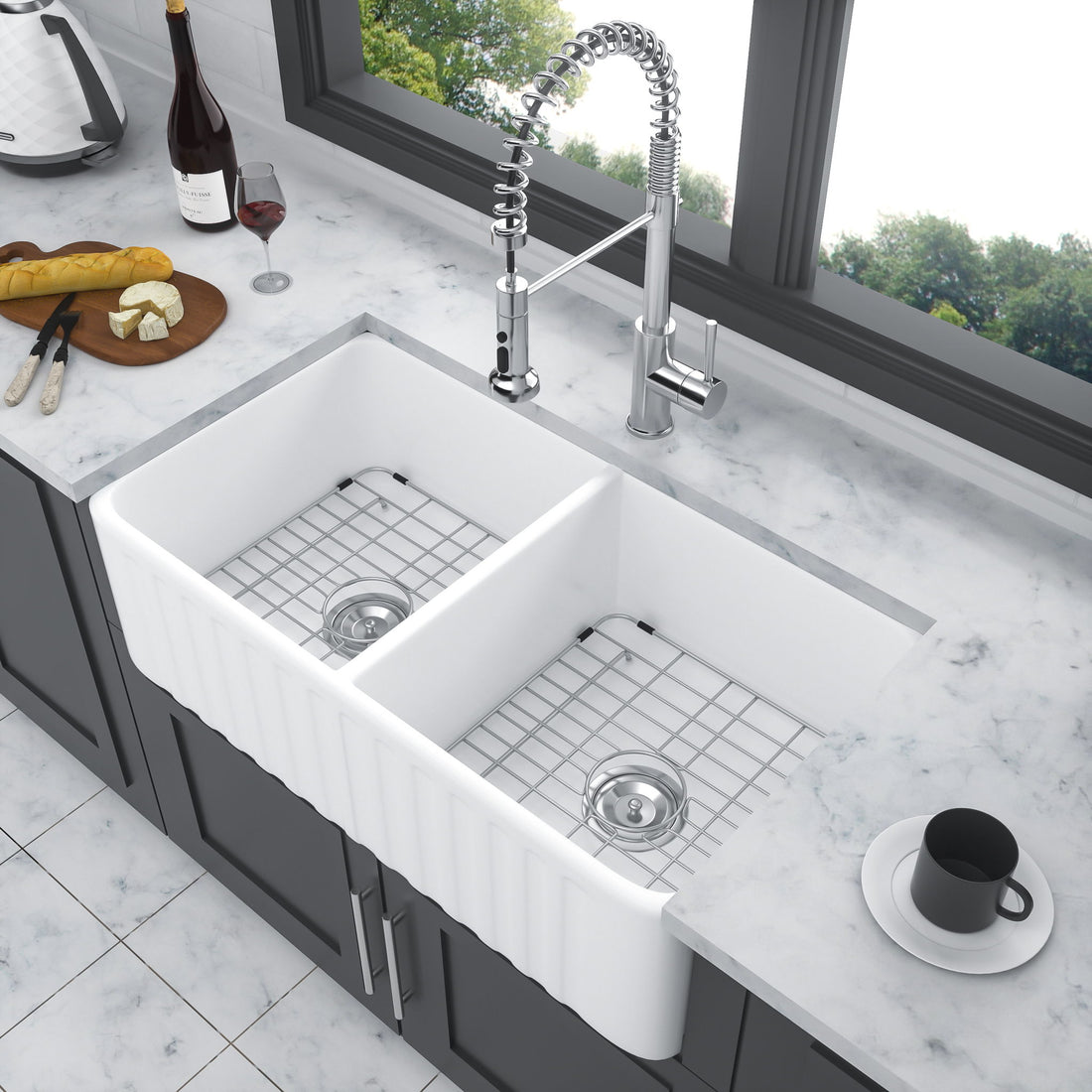 Sink 33&quot; Double Bowl Apron Front Kitchen Sink 50 / 50 - White