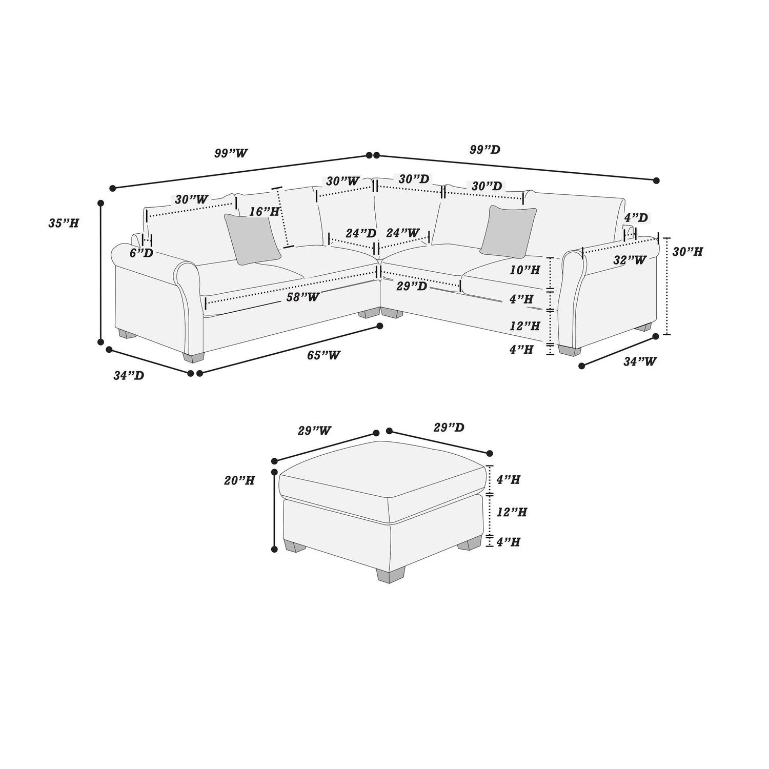 Modern Sectional Set With Corner Wedge, Loveseat, Ottoman &amp; 2 Pillows