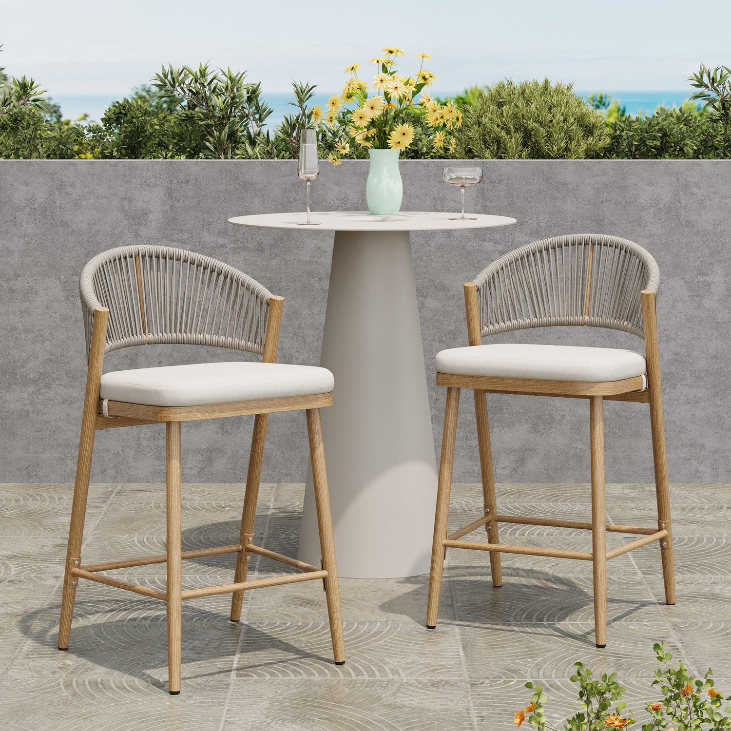 Outdoor 26&quot; Counter Height Metal Frame Counter Stools With Scallop Shaped Backrest &amp; Water Resistant Cushions