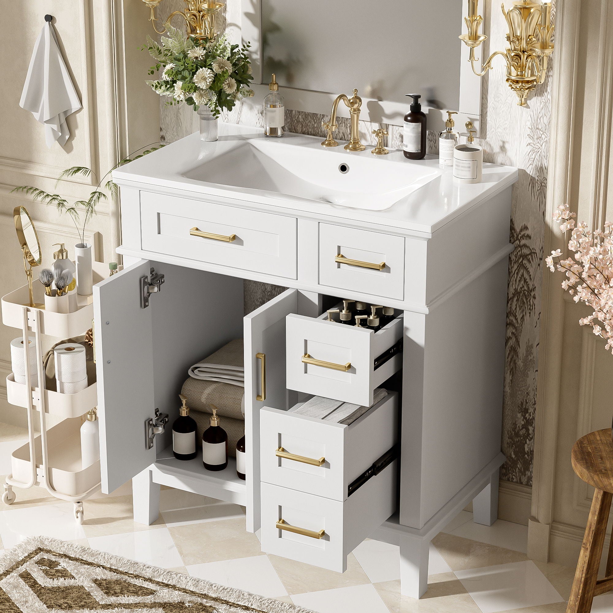 Modern Bathroom Vanity With Sink, Storage Cabinet, Soft Close Doors, Deep &amp; Standard Drawers